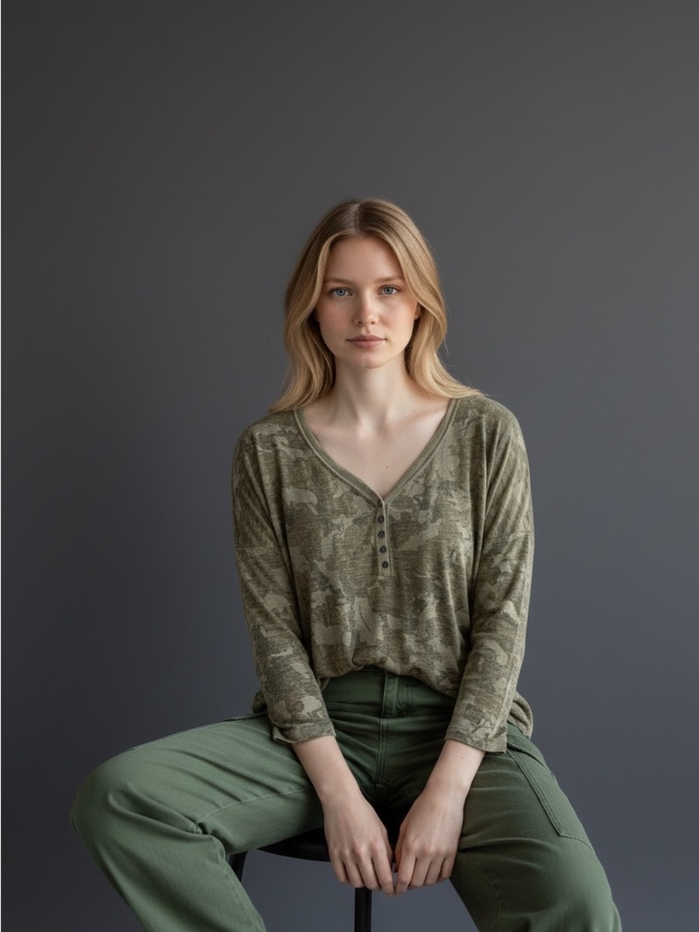 Chaps Olive Green Camo Henley Long Sleeve Top